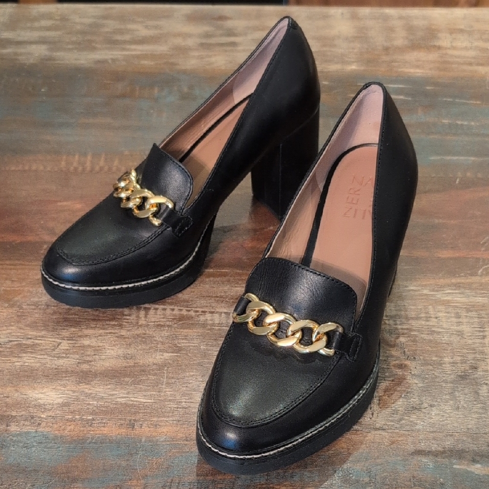Naturalizer Black Leather Platform Heels with Gold Chain-7 wide